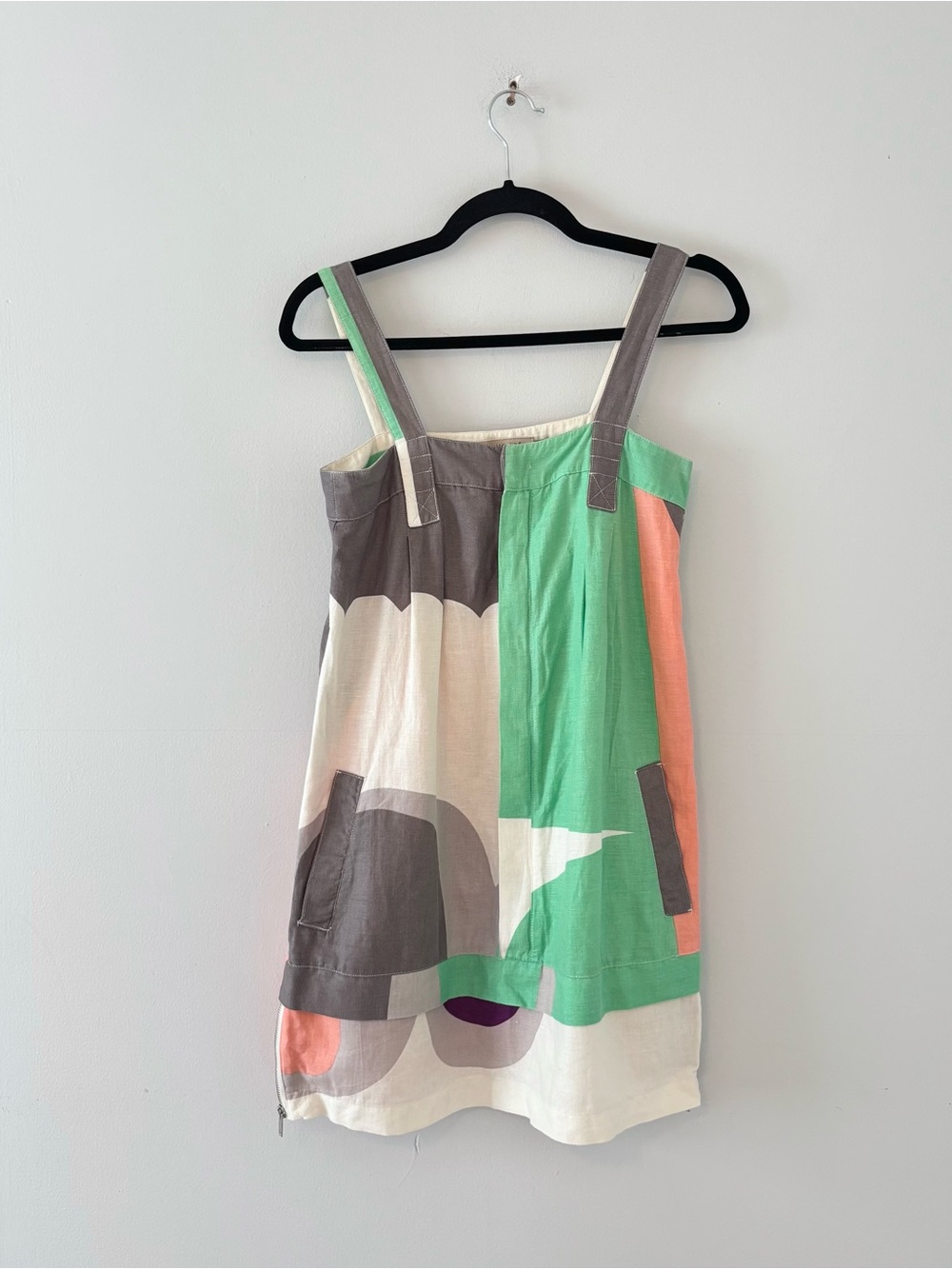 See By Chloe Linen Mini Dress Mixed Print Abstract Side Zip Square Neck Green